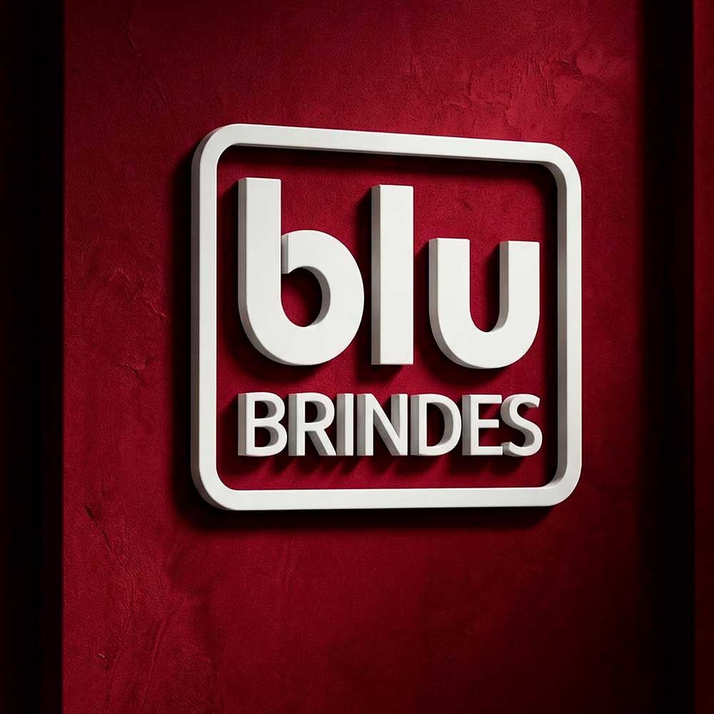 Logo da Blu Brindes aplicado em parede institucional